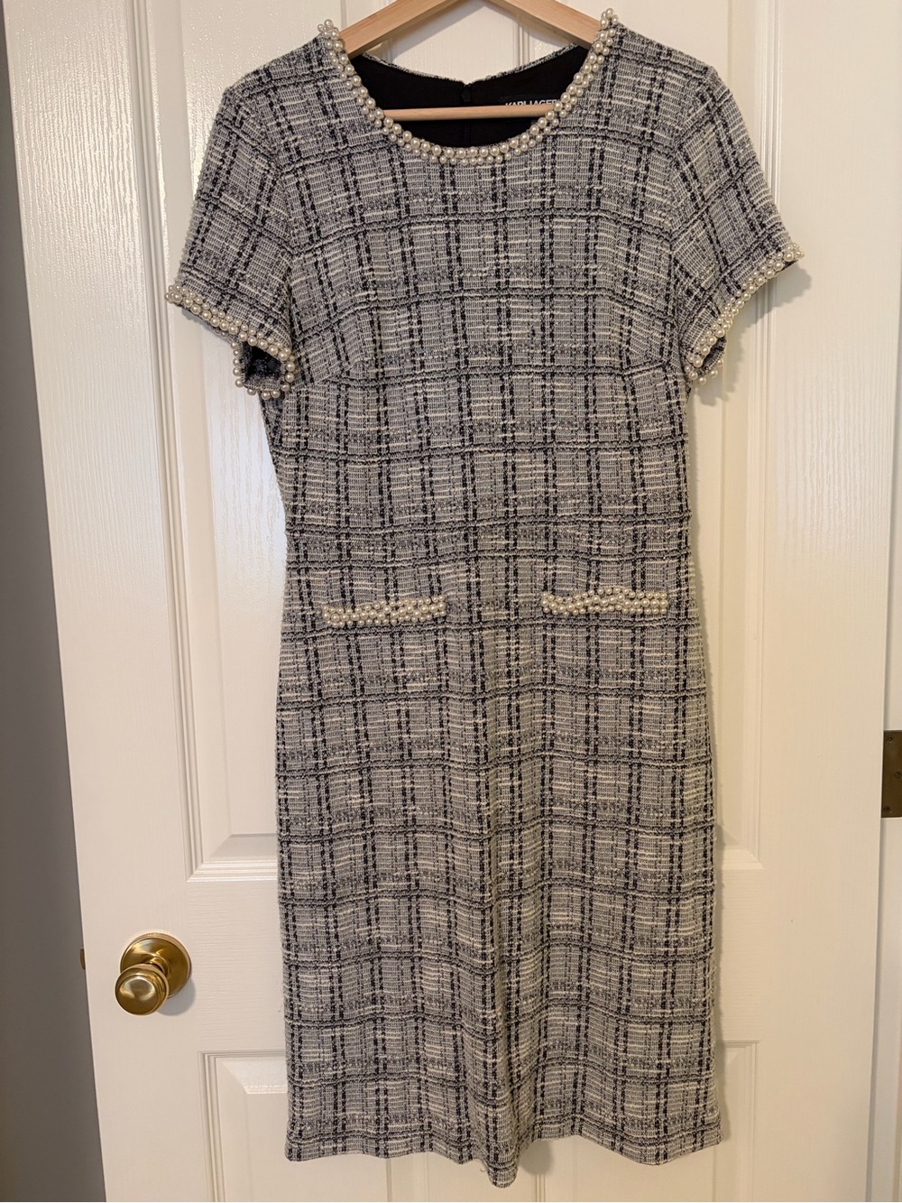 Karl Lagerfeld Black & White Tweed Pearl-Trim Shift Dress